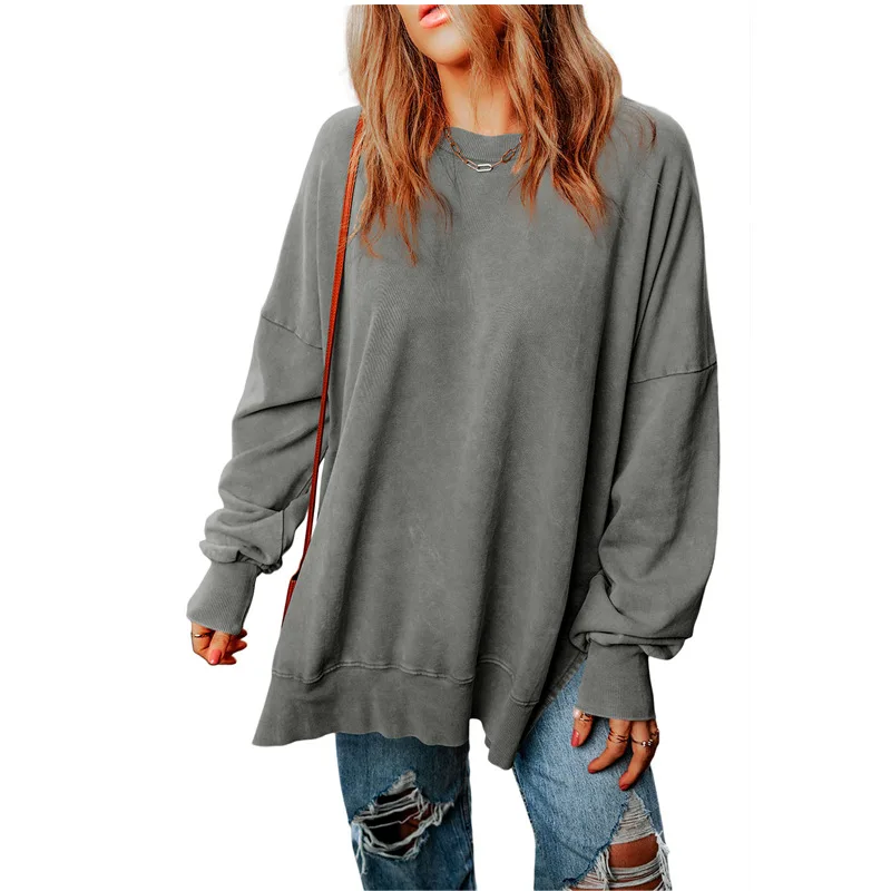 

Autumn Solid Color Side Slit Sweatshirt Female Vintage Round Neck Long Sleeve Tops Casual Loose Hoodies Street Women Clothes