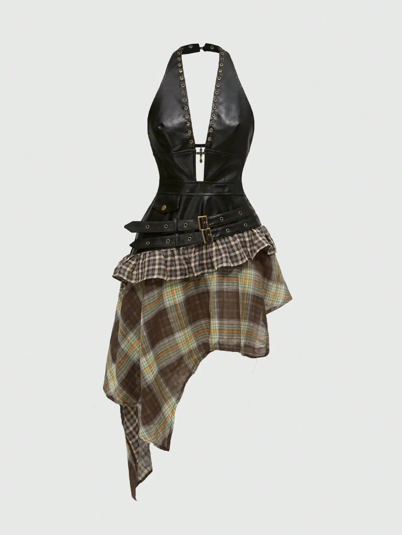 

Black Faux Leather Halter Top with Plaid Asymmetrical Skirt, Punk Ruffle Detail