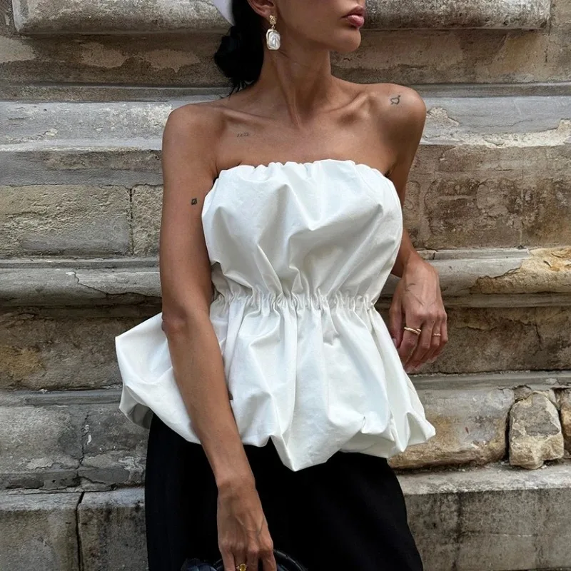 

Sexy Wrinkles Strapless Vest Women's Summer Stylish Spicy Girl Style Off-The-Shoulder Splicing Top Female Commuting Top