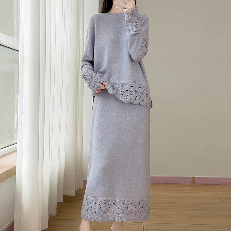 Hollow design sense 100% pure cashmere knitted skirt women's jacquard suit