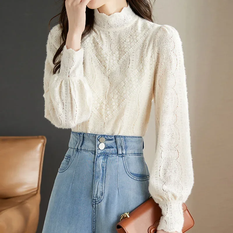 New Long Sleeve Women Blouse Lace Stand Collar Blouse Shirt Women Tops Blusas Para Mujer Camisas De Mujer Camisas Blouses M493