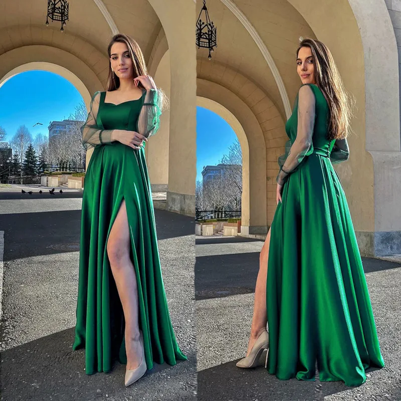 

Vintage Green Wome Long Evening Dress Fashion Gauze Long Sleeves Party Prom Dresses Sexy High Side Split Ladies Robe De Soiree