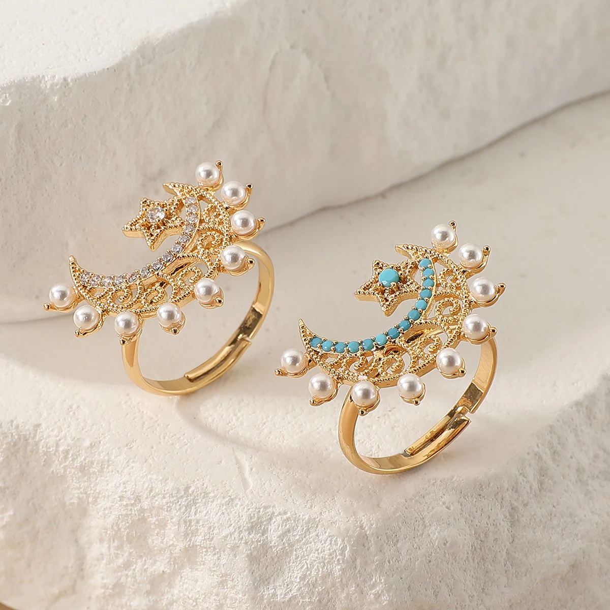 Frauen Mode süße Gold Perle Zirkon offene Manschette Armreif Ring Set arabischen Stil Mond Start aushöhlen Design Hochzeit Schmuck Set