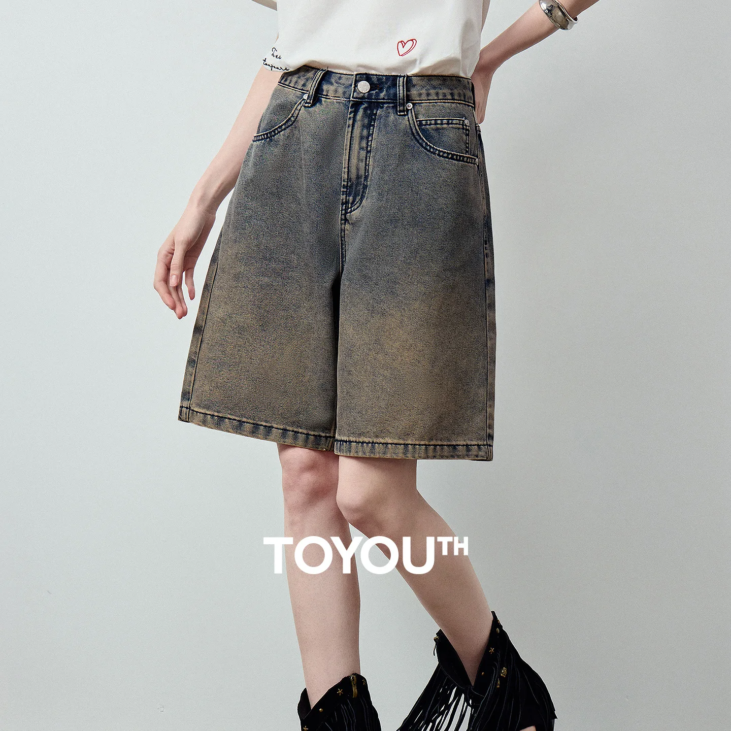 TOYOUTH Women Acetate Puff Denim Shorts 2026 Summer New High Waist Wide Leg 5 Points White Vintage Blue Hot Pants
