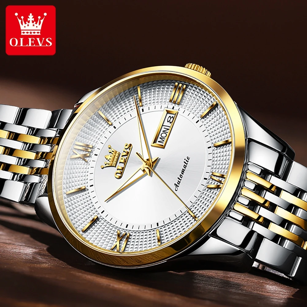 OLEVS 6657 Synthetic Sapphire Mirror Mechanical Watch For Men Dual Calendar Automatic Hand Clock 50M Deep Waterproof Man Watches