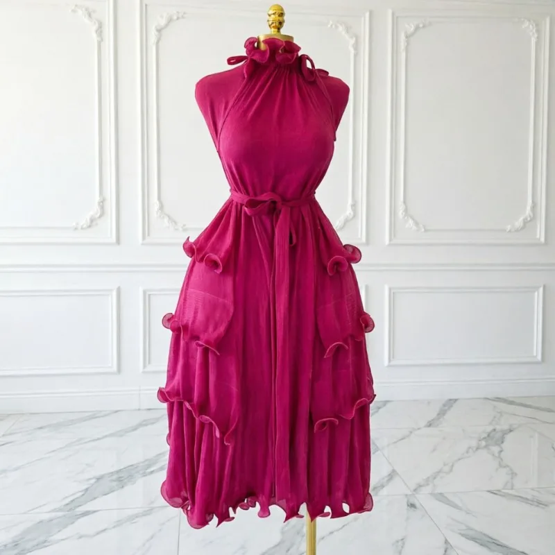 Miyake Pleated Dresses New Simple Casual Fashionable Elegant Sleeveless Vest Women's No-Iron Large Size Elastic Tie Long Dress