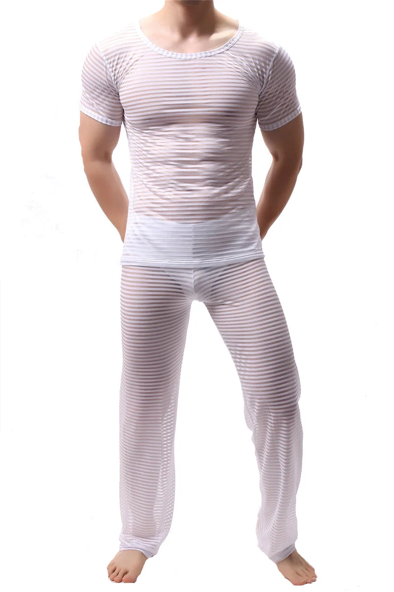 Mens Undershirts Short Sleeve Fitness T-Shirts Transparent Mesh Shirt Loose Pajama Pants Man Lounge Underwear Or Men Clothes Set