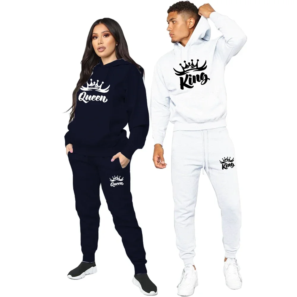 

Sportwear Couple Hoodies Set Mens KING QUEEN Printed Lover Tracksuit Hoodie and Pants 2 Piece Hoodi Suits 2024 Lover Clothes