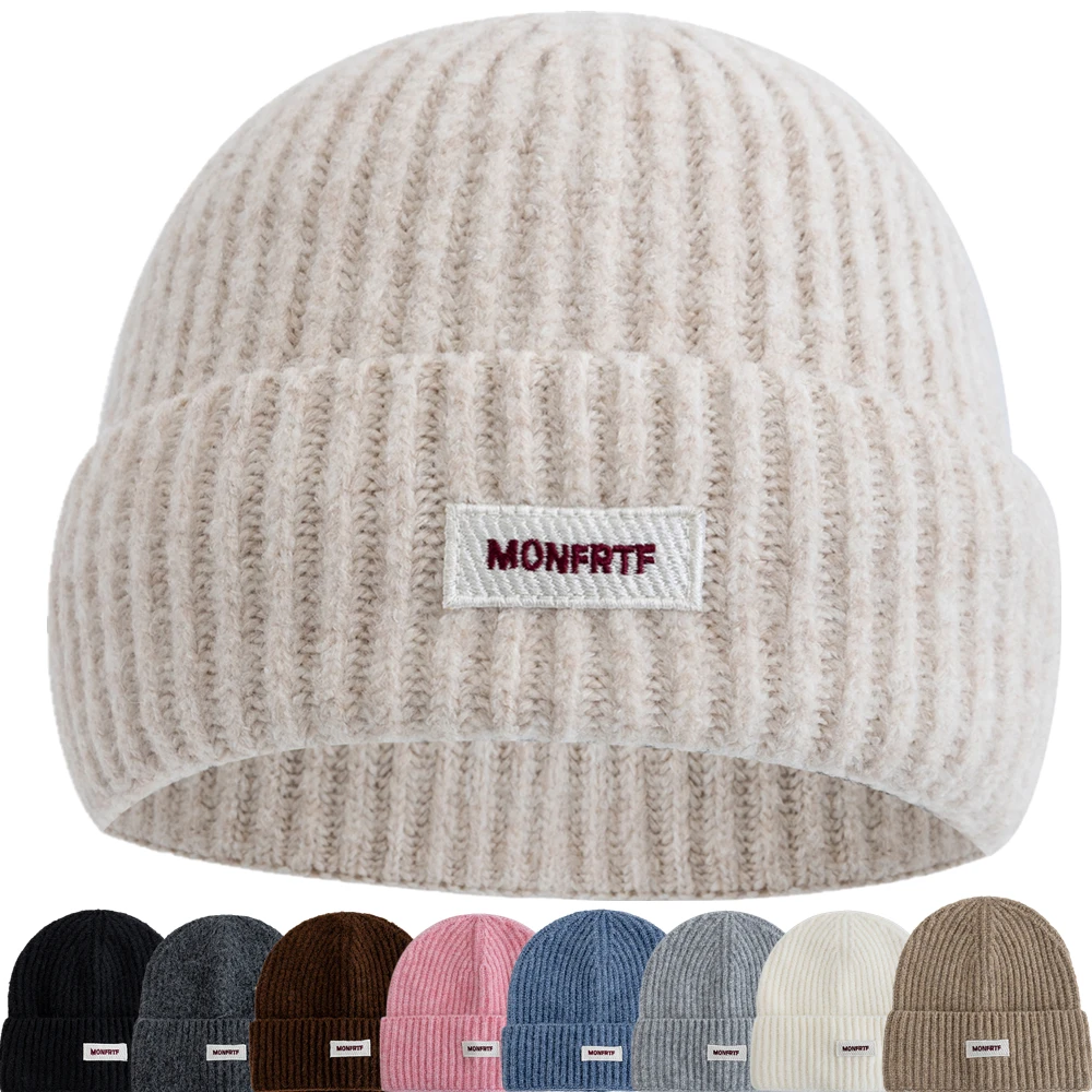 Neue Stil Slouchy Hüte Beanie Hüte Winter Kappe Y2K Warme Mütze Für Frauen Einfarbig MONFRTF Brief Winter Gestrickte Mädchen Hüte