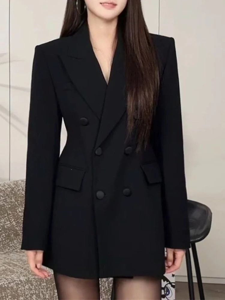 New Women's Black Medium Long Solid Color Suit Jacket for Spring Autumn Women's Fashionable Loose Fit Suit for Women's Outerwear