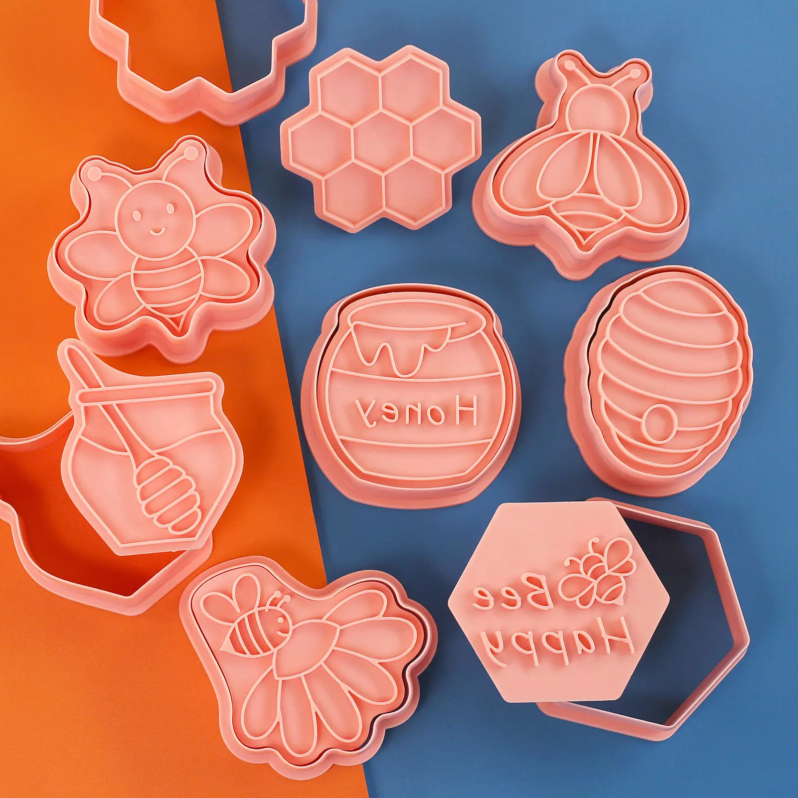 8pcs Bee Honey Cookie Cutters Butterfly Cookie Stamps Hand Pressure Plastic Fondant Cake Decoration Tools Biscuit Mold