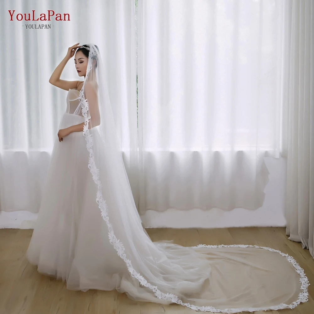 YouLaPan-velo de novia de un solo nivel para mujer, velos de novia suaves con borde de encaje, velo de boda con peine, mantas de encaje español, V81