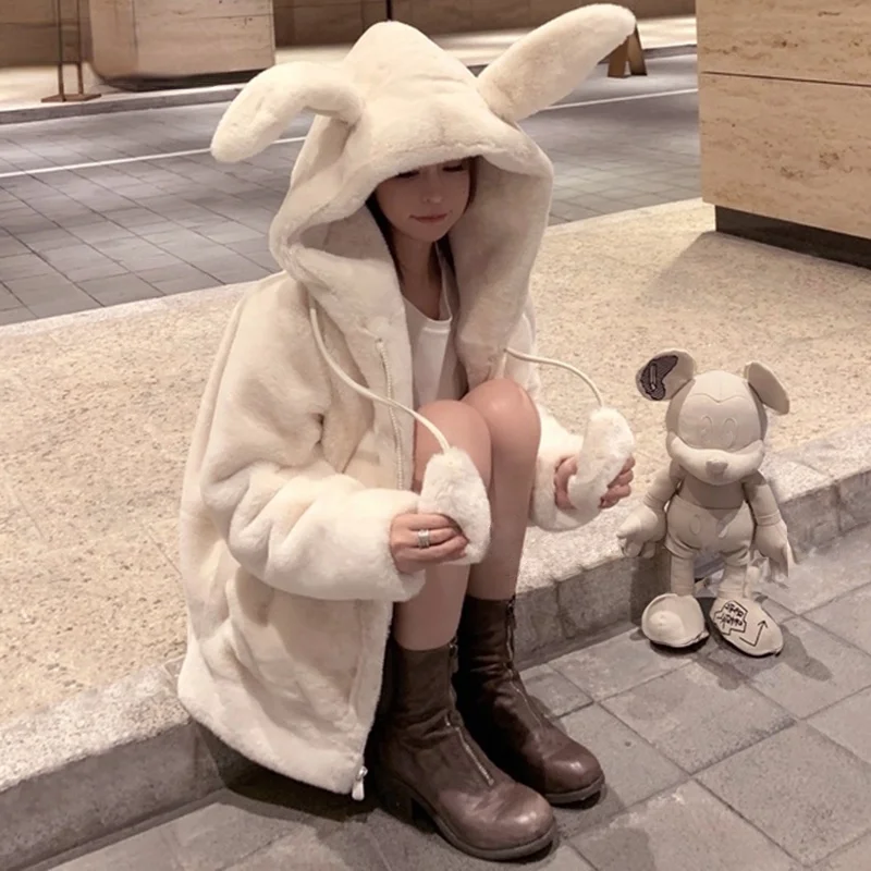 

Plus Velvet Padded Women's Zipper Autumn Winter Jacket 2022 Harajuku Kawaii Soft Hoodies Rabbit Ears Plush Faux Cashmere Coat