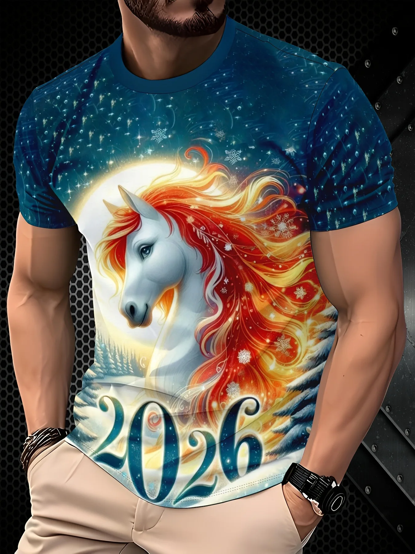 

2026 new trendy men clothing graphic t shirts 3D digital printed New Year's Eve pattern round neck short sleeved pullover tees