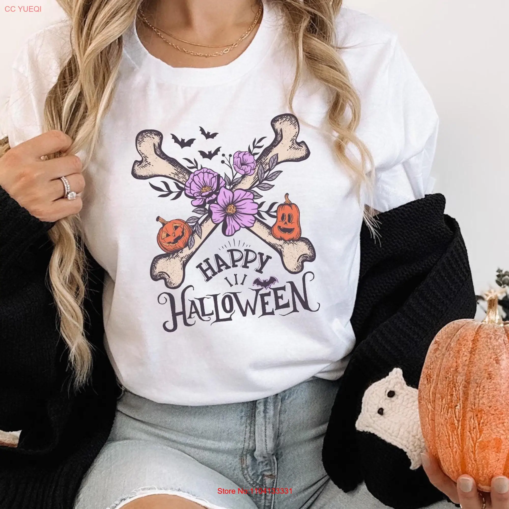 Happy Halloween T Shirt Crossbones Women's for Her Floral Bones Daughter S 3XL long or short sleeves