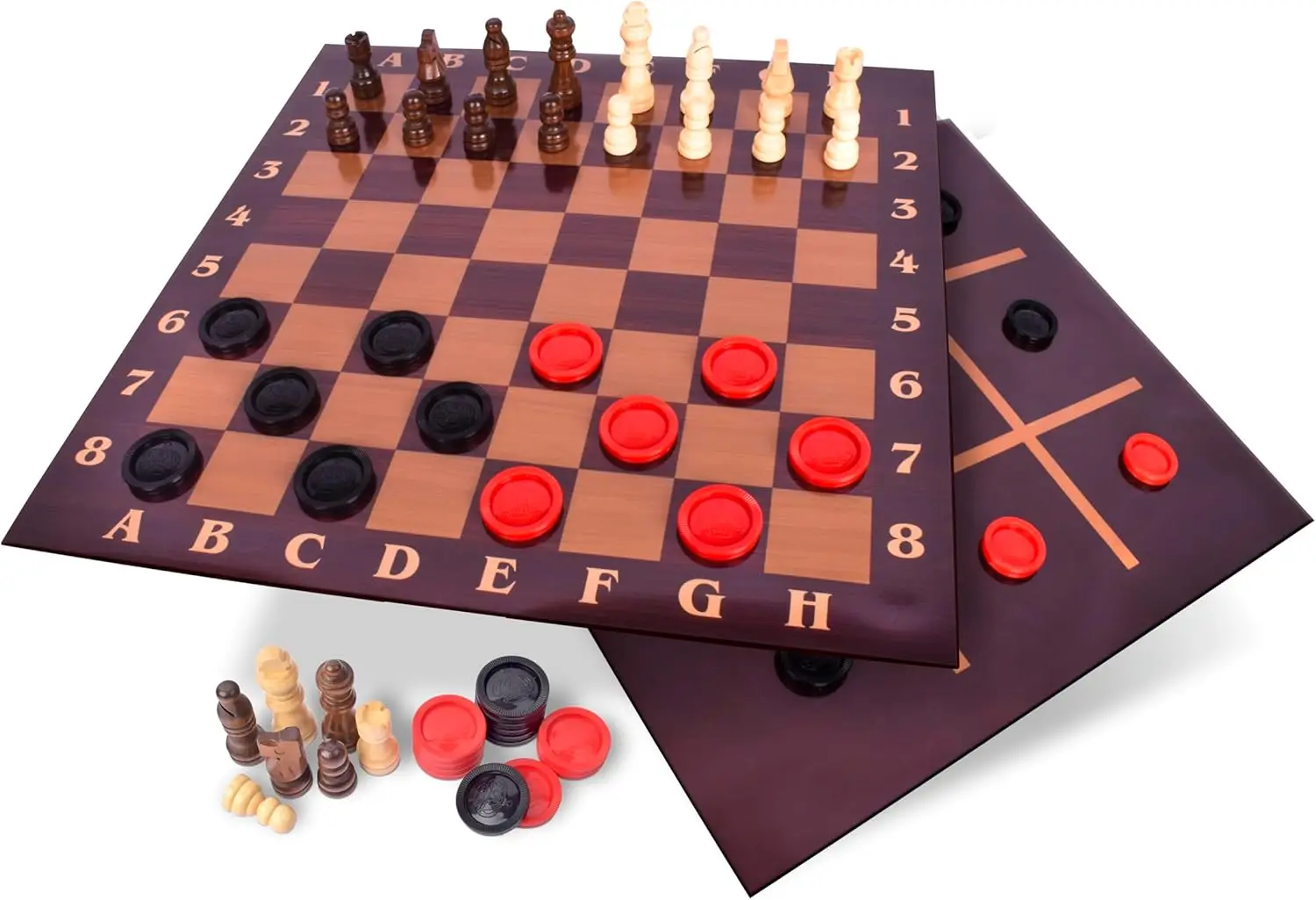 

Elbow Room Games 3-in-1 Set: Chess, Checkers, Tic Tac Toe with Reversible Board, Classic Strategy Game for 2+ Players