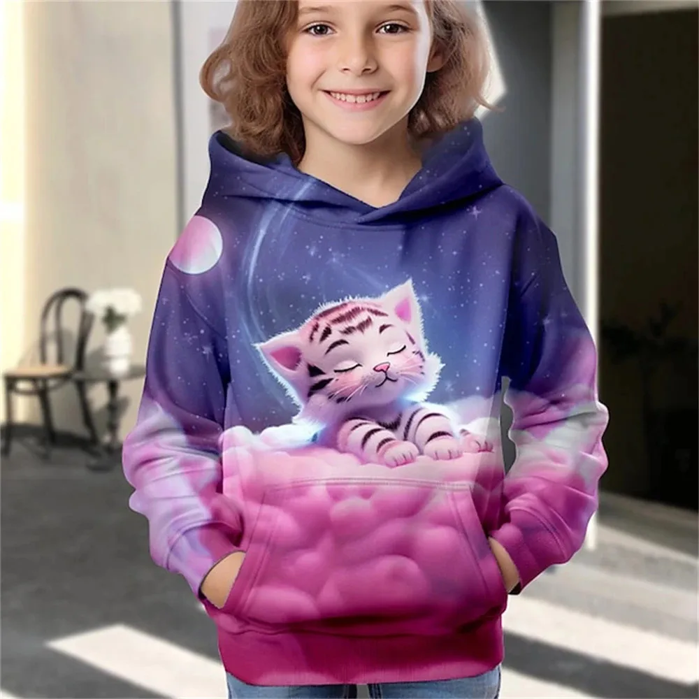 Children Boys Girls Hoodie Tops Cat Print Spring Autumn Print Sweatshirt Toddler 3-12 Year Leisure Outdoor Clothes Coat Clothing