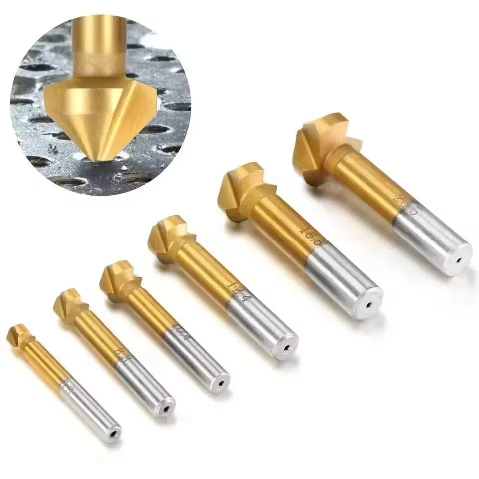 6pcs/Set 3 Flute HSS Hard Metals Titanium Three Edge Chamfer Chamfering End Mill Cutter Bit Drill Bit Countersink Set wholesale