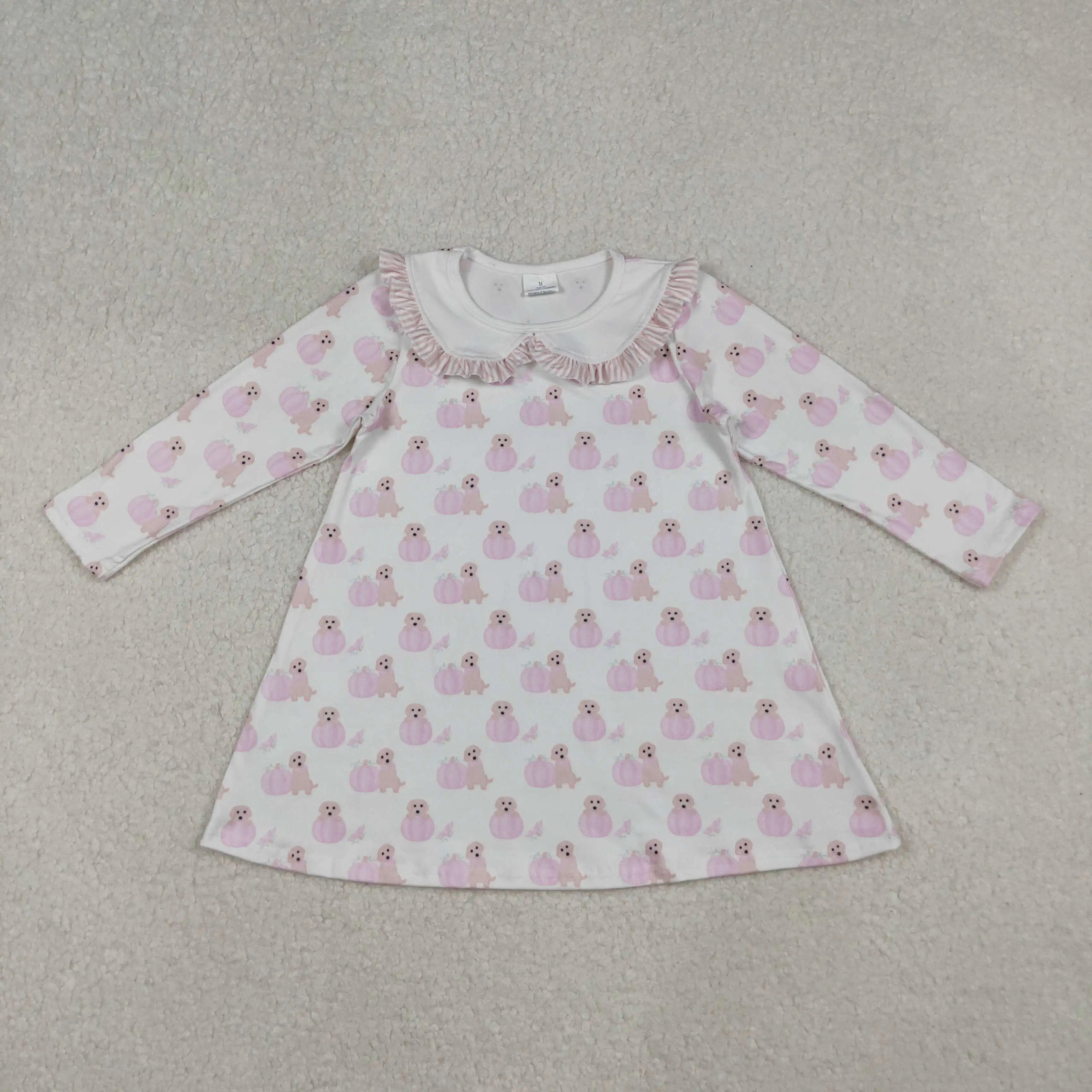 

X9.27 High Quality Pink pumpkin puppy Print Long Sleeve Dress for Girls Children Fall Western Clothes Wholesale