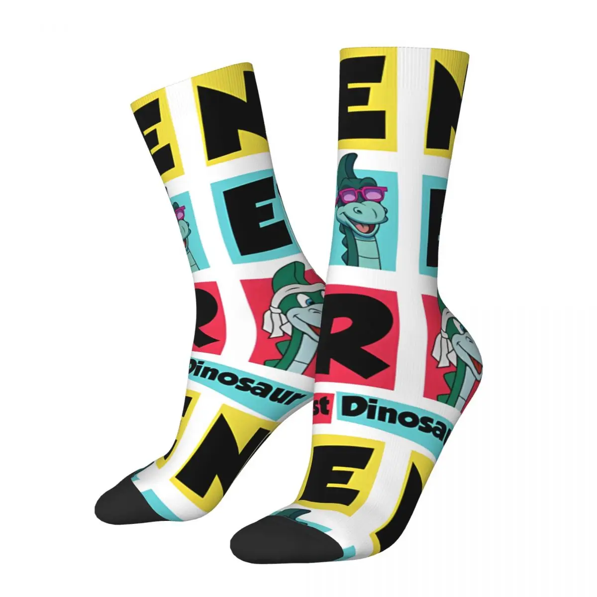 Funny Crazy compression Poster Sock for Men Hip Hop Harajuku D-Denver, The Last Dinosaur Happy Seamless Pattern Printed