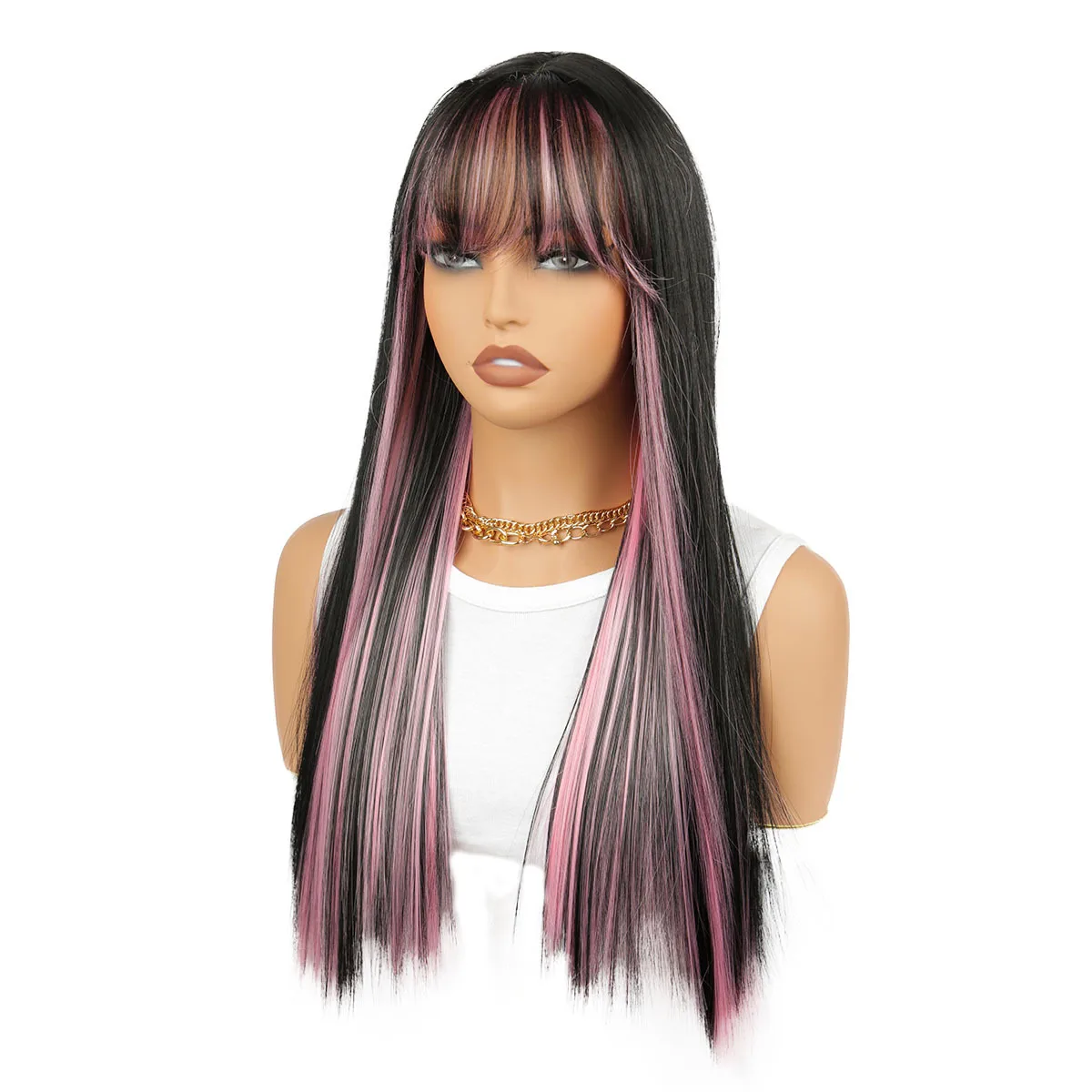 Qi poni intercolor rambut lurus panjang wig wanita serat kimia penutup kepala penuh hitam merah muda highlight warna fashion