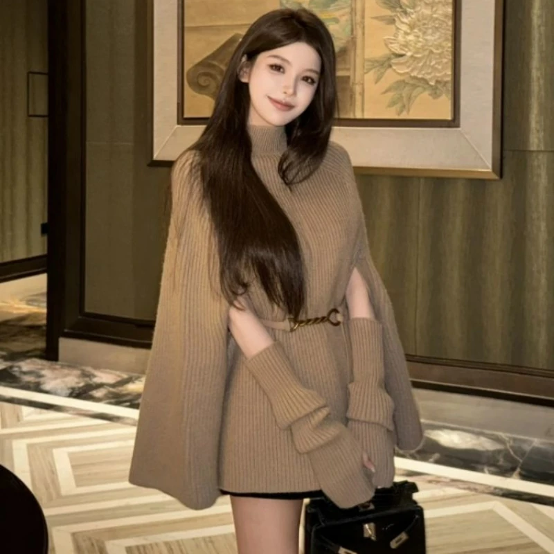 

2026 Autumn Winter Korean-style Laid-back Sweater Paired Stylish Top High-necked Shawl Cape Knitted Sweater for Female Socialite