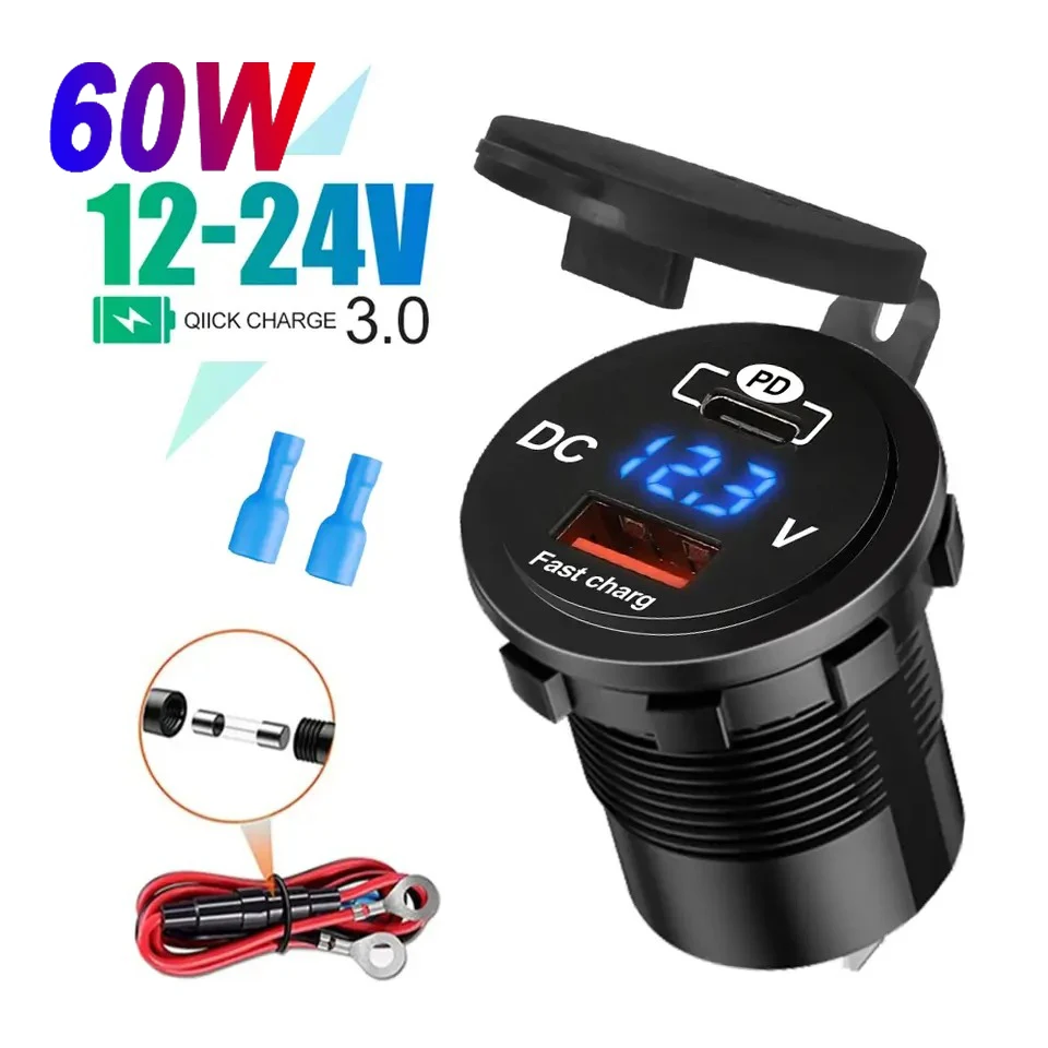 60W Car USB Charger QC3.0 PD Type C USB with Switch for 12V/24V Vehicles Boat Motorcycle SUV Bus Truck Caravan Marine
