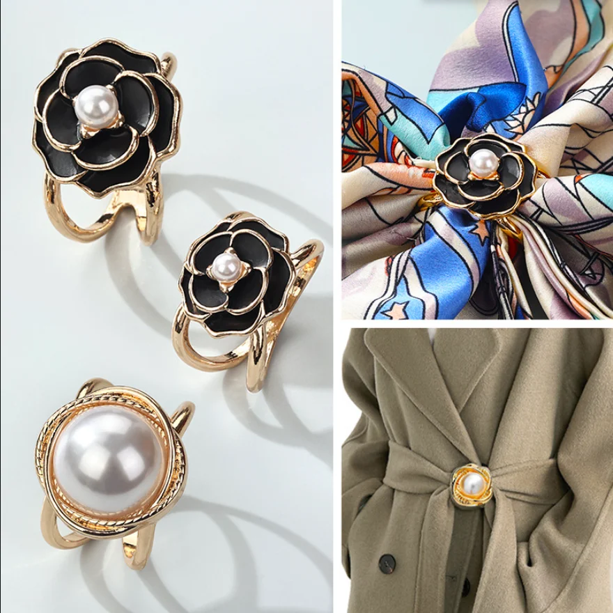 Metal Camellia Flower Scarves Buckle Clips Vintage Pearl Silk Scarf Brooch Pins Women Designer Buckle Clothing Accessories Gifts