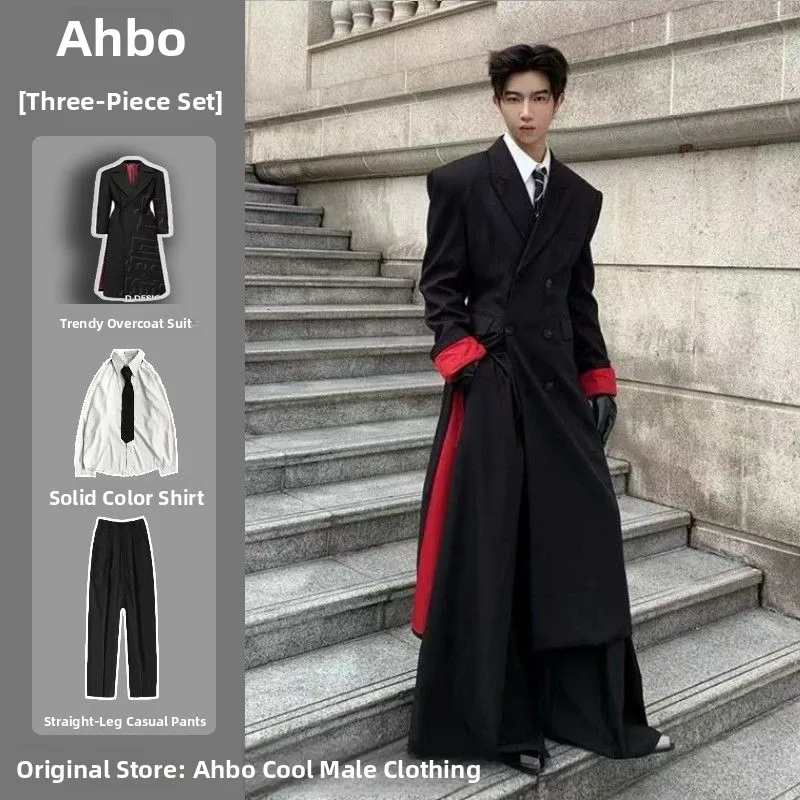 

Briti Sle Men's Bla Suit Set with oulder Pads Long Coat Casual Faion Spring Autumn Wear Polyester Fiber 3 Button