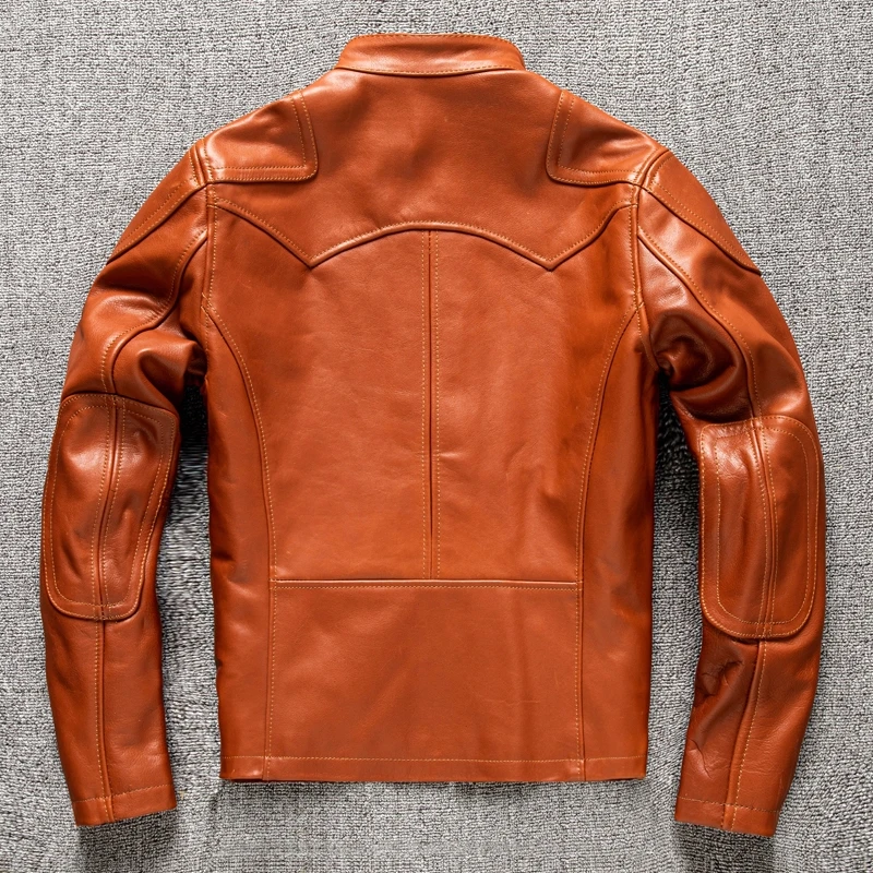 Orange Spring Leather Jacket Men Plus Size 5XL Punk Style Natural Horsehide Stand Collar Slim Fit Short Genuine Leather Coats