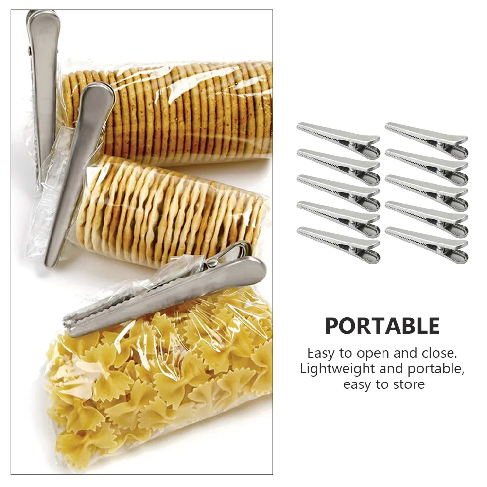 

10pcs Large Fresh Keeping Stainless Steel Alligator Clips for Food Bags Snack Storage Kitchen Travel Dry Hygienic Portable
