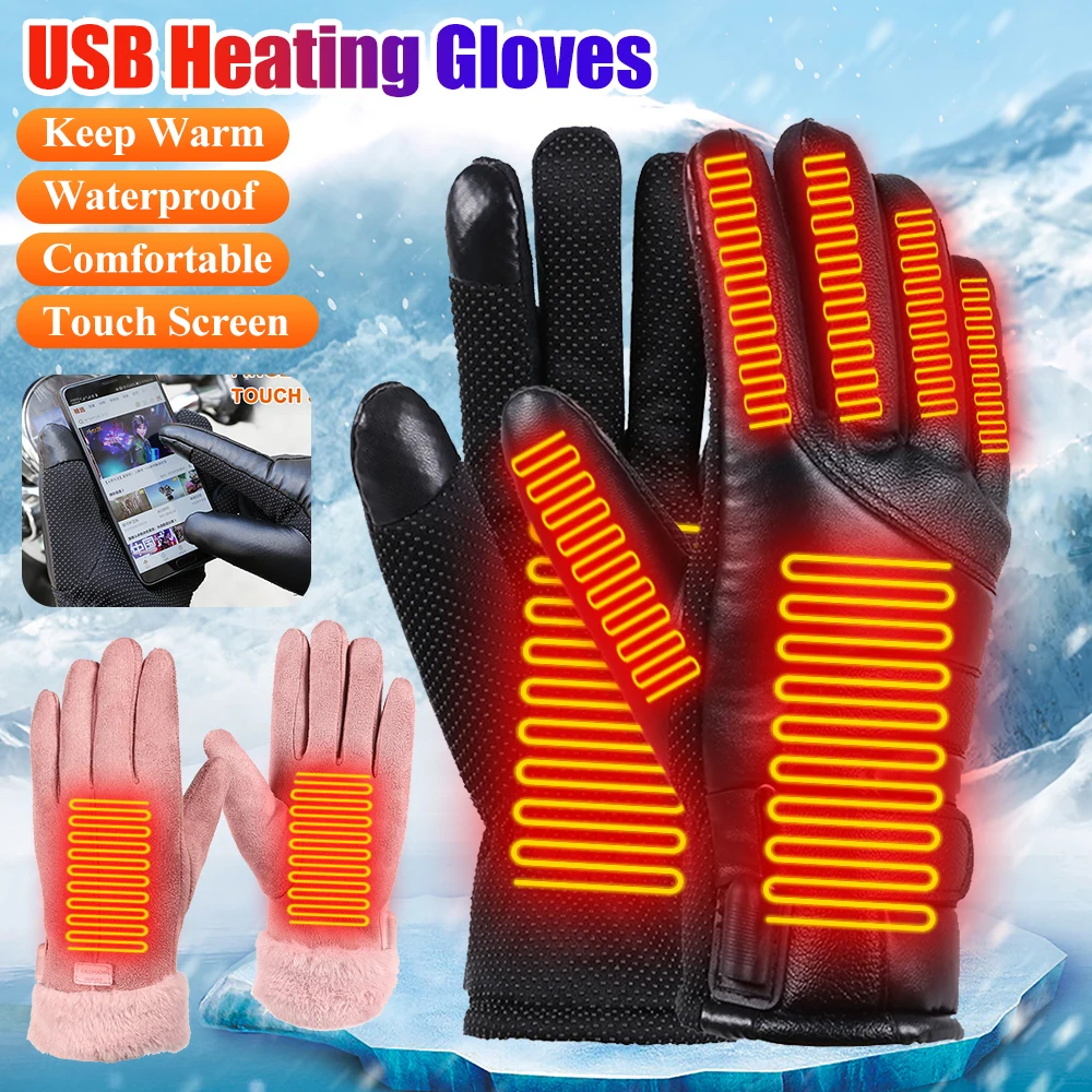 

USB Electric Heating Gloves Heated Full Finger Mittens Touch Screen Windproof Snowboard Ski Gloves Warm Cycling Riding Glove