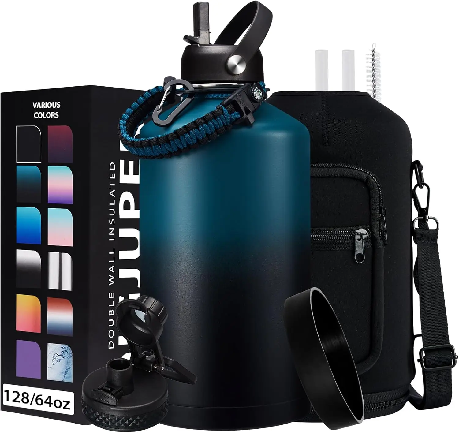 

1 Gallon Stainless Steel Water Bottle 128oz Insulated with Straw and Spout Lids, Carry Sleeve and Protective Boot