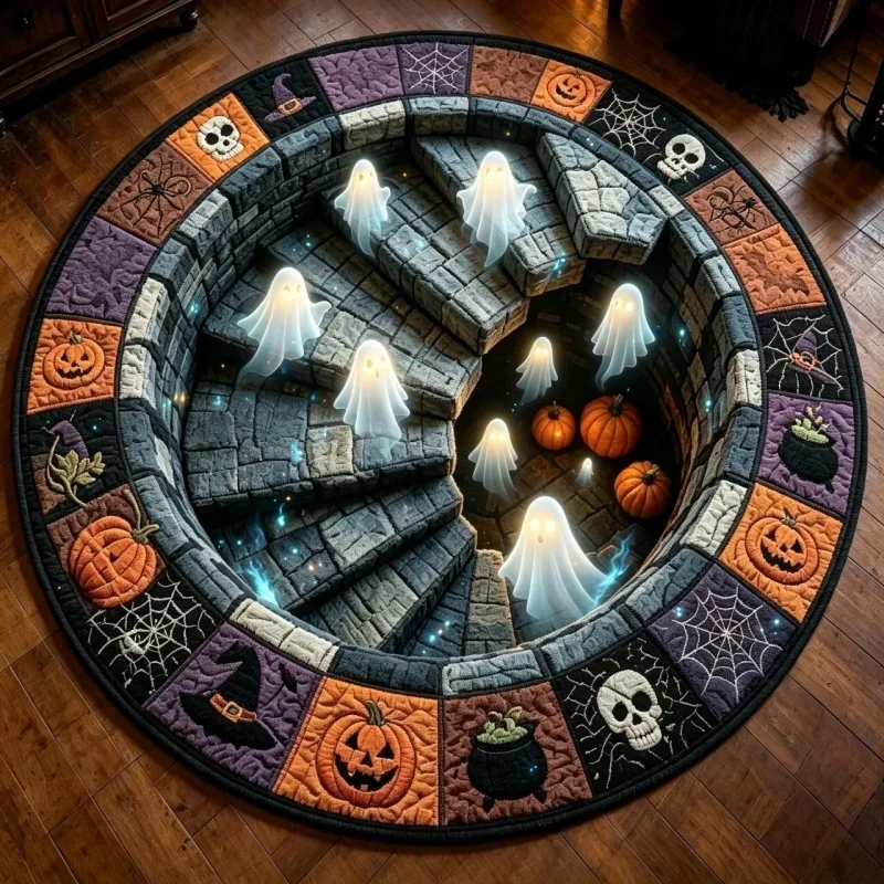 Magic 3D Illusion Round Area Rug, Wizard Broom Crystal Ball Circular Floor Mat, Halloween Home Decor