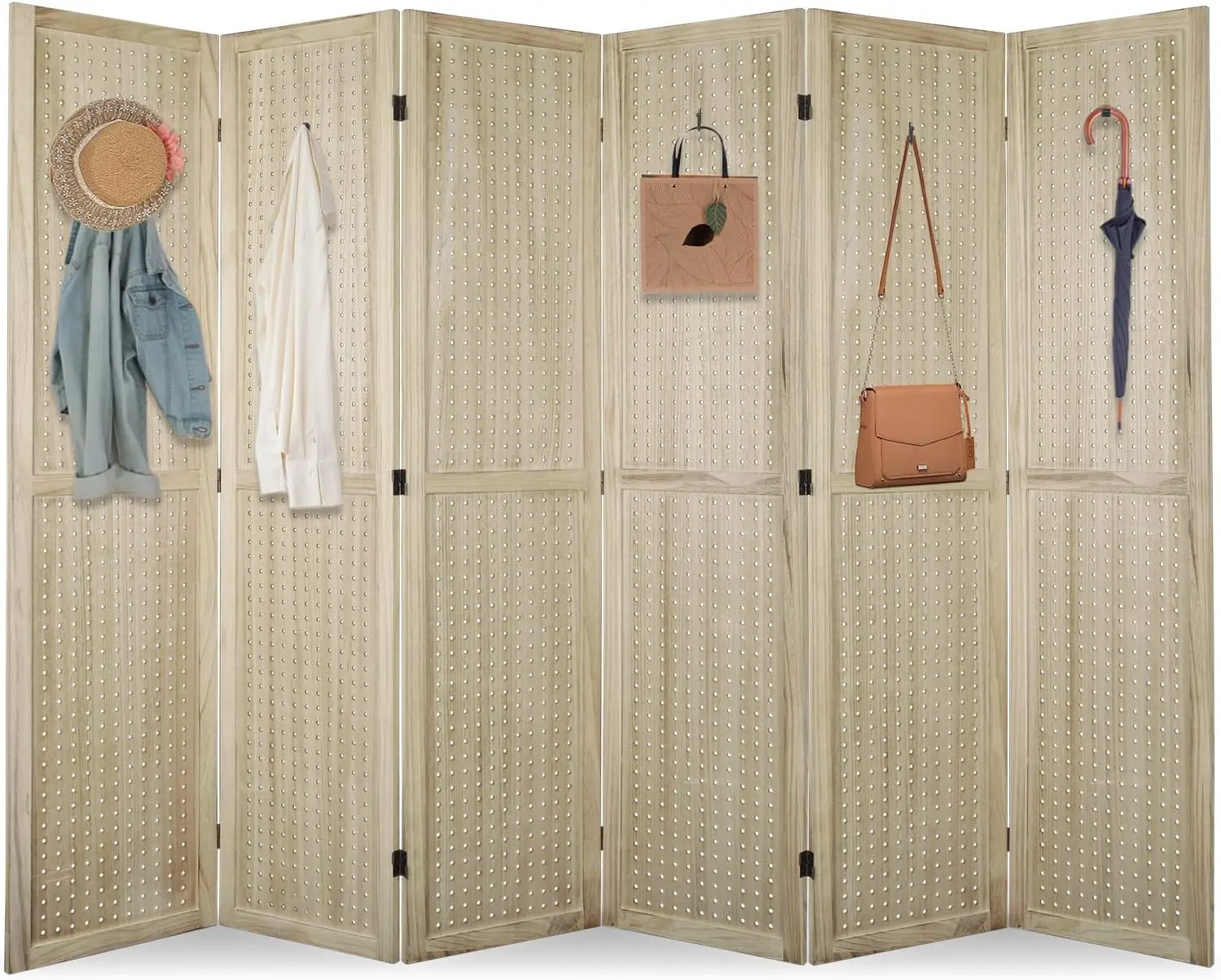 6 Panel Room Divider, 5.6Ft Pegboard Display Wooden Room Divider Folding Privacy Screen Room Divider Freestanding