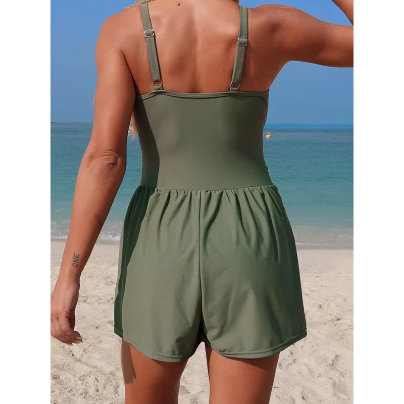2026 Women's One Piece Mesh Swimsuit Tummy Control Swimwear Romper with Pockets High Elastic Female Beach Bathing Swim Bodysuit