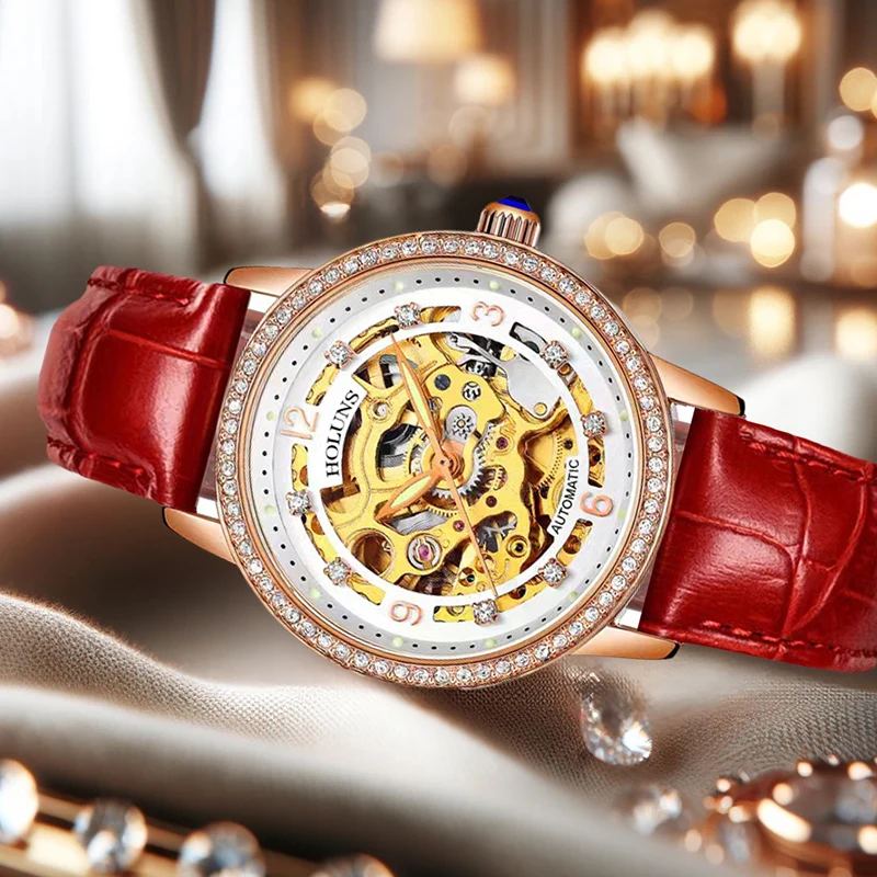 

A women's rose-red casual fashion eye-catching niche PU leather mechanical watch