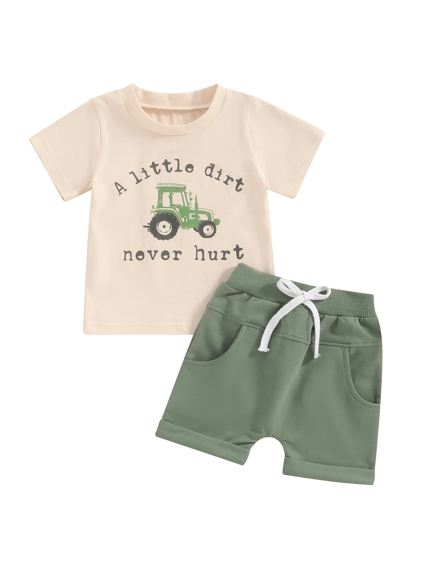 

Toddler Boy Shorts Set Letter Tractor Print Short Sleeve Round Neck T-Shirt with Solid Shorts 2Pcs Outfit