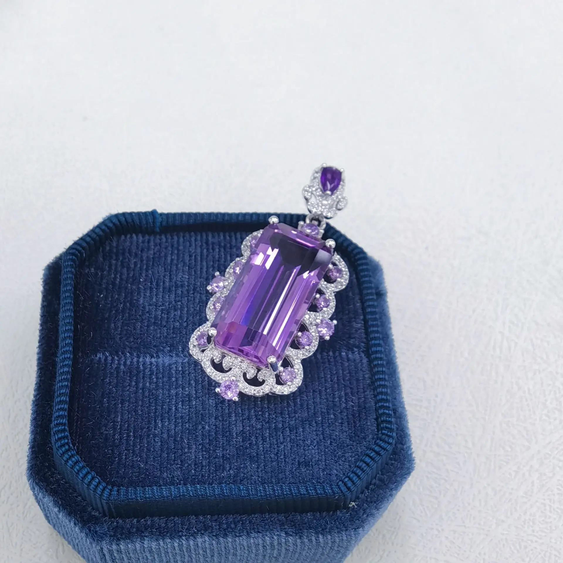 S925 Sterling Silver White Gold Plated Natural Amethyst Pendant,Rectangle Gemstone Charm,Chain Not Included