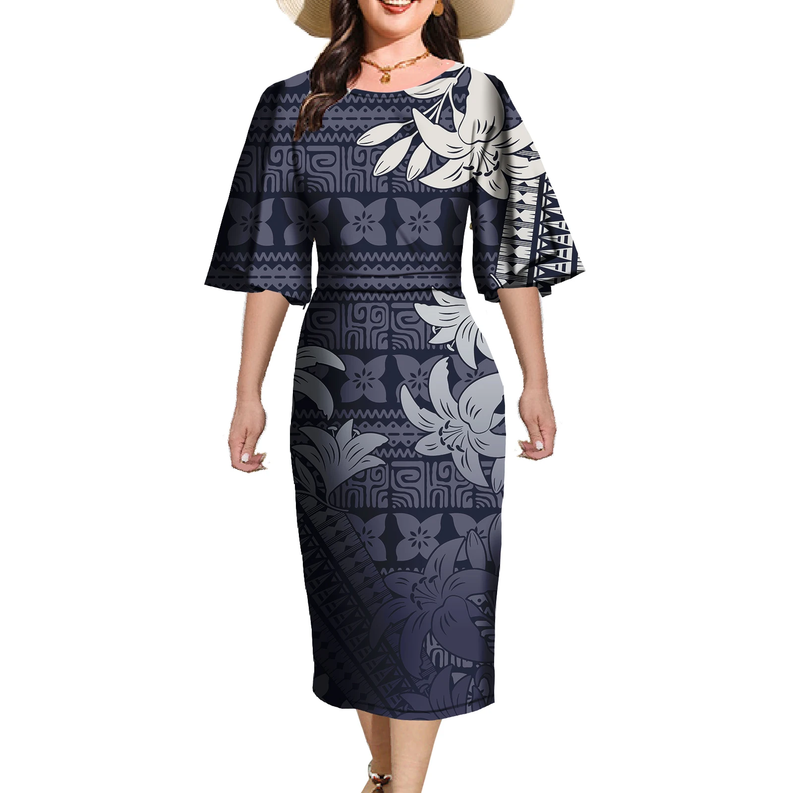 Brand New 2025 Tropical Printed Pacific Island Party Elegant Dress Polynesian Luxury Flare Sleeve Samoan Dress