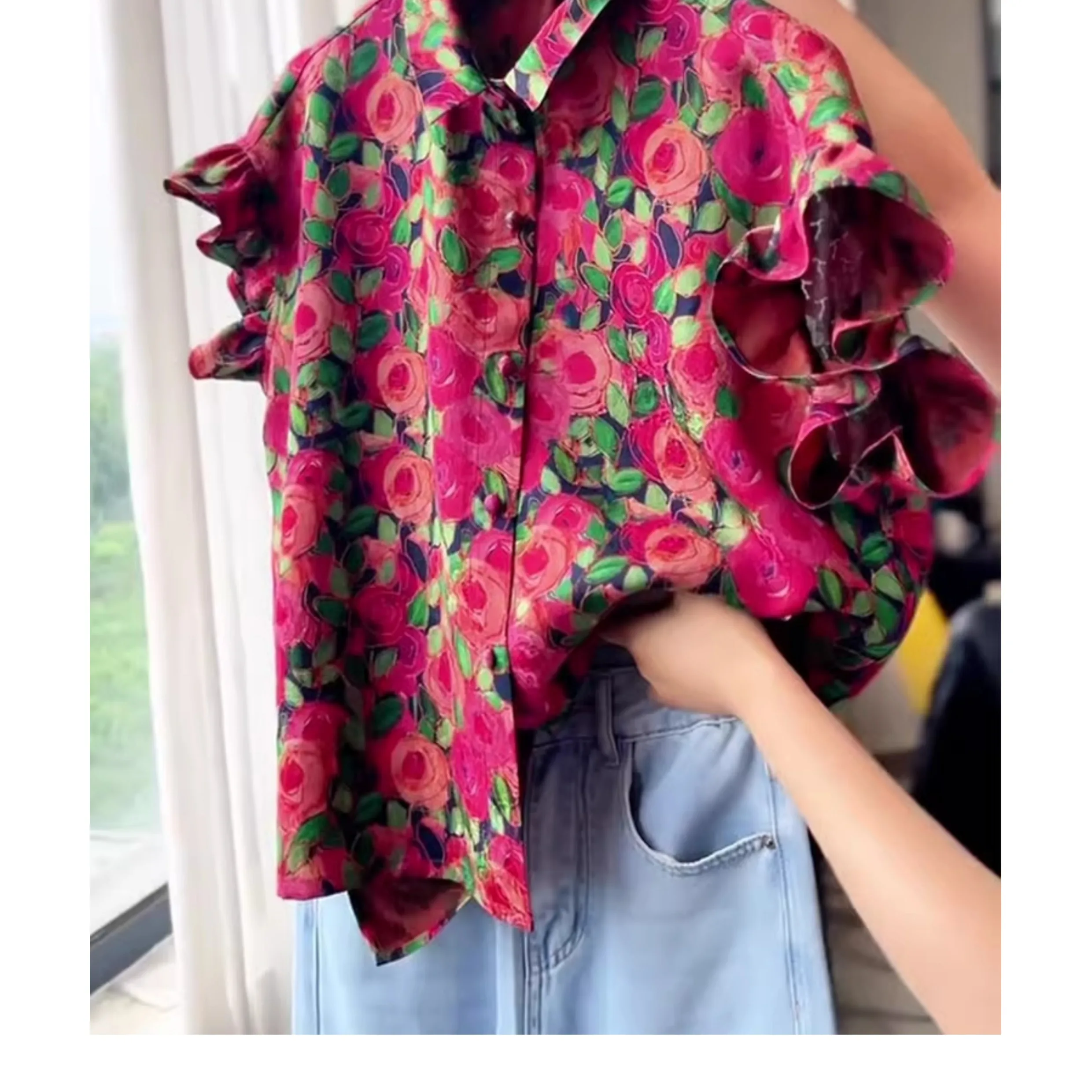 New Chinese Sle High-End Pink ort Sve Women's irt Floral Trim Sve Design Age-Defng Summer 2025 Polyester Fiber