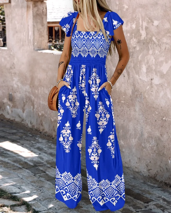 Geometric Print Pleated Hem with Shirt Jumpsuit Casual Pocket Design Bohemian Style High Waisted Straight Leg Jumpsuit
