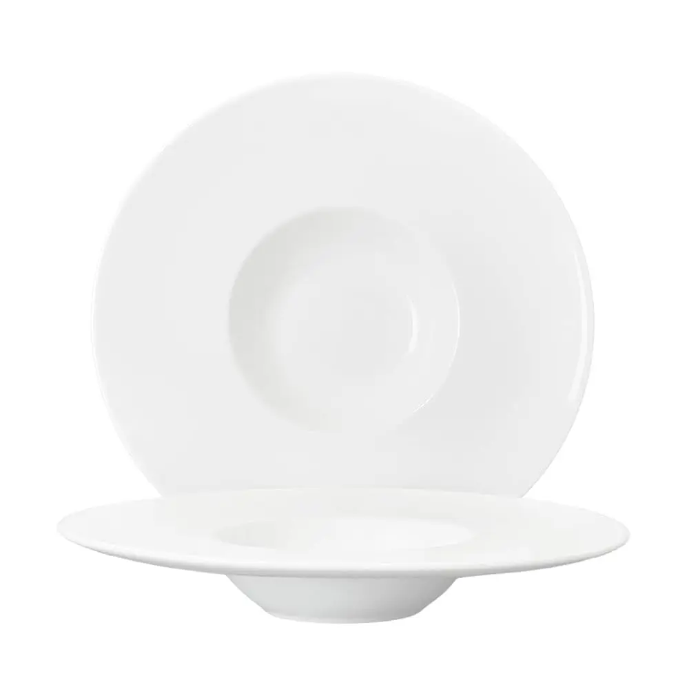 11 Inch Pasta Bowls Set of 2, 10 oz Rimmed Soup Plates with Wide Rim, White Porcelain Pasta Plates and Soup Bowls, Shallow Pa