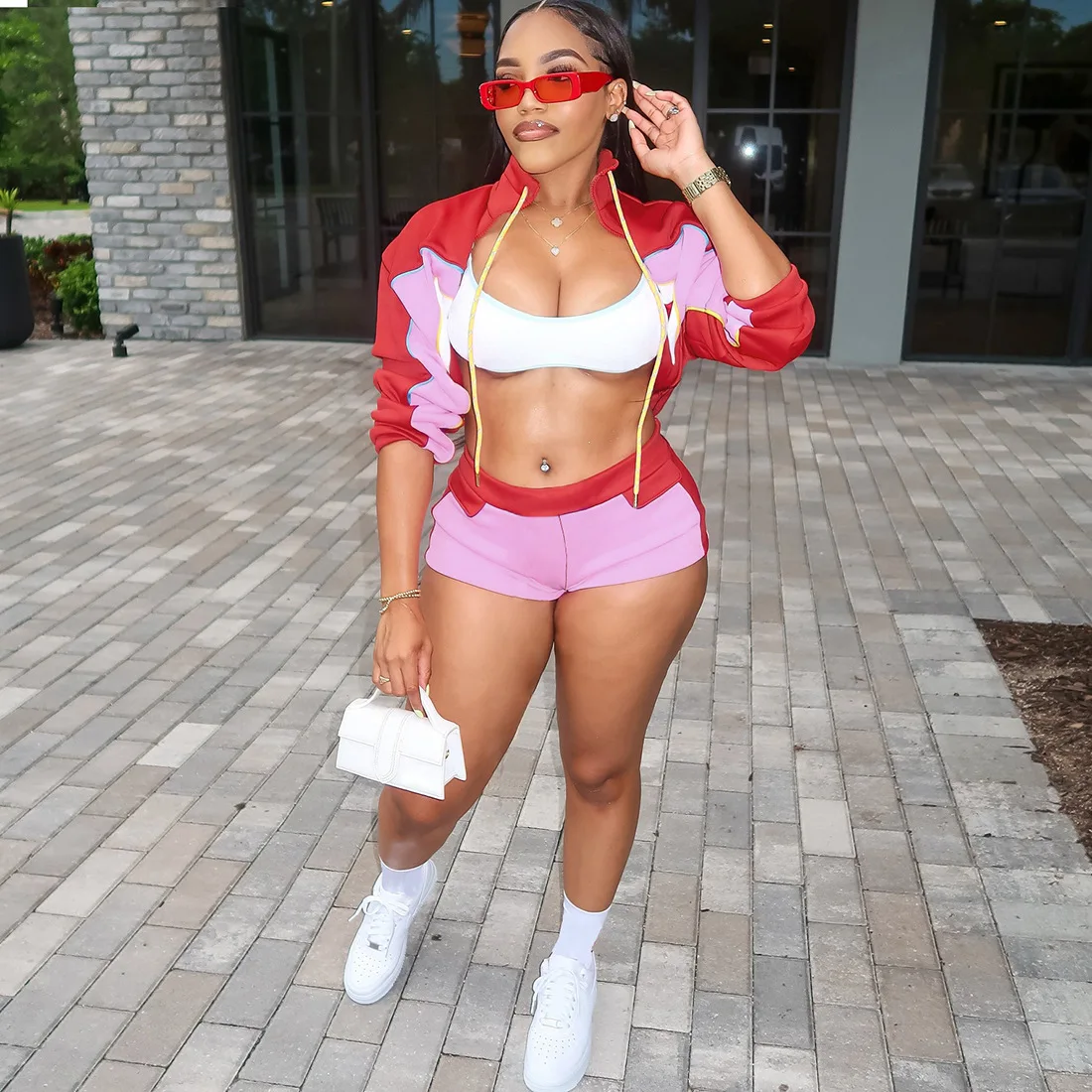 

Fitness Women 2 Piece Set Long Sleeve Zipper Fly Crop Jacket Mini Shorts Matching Set 2025 Autumn Streetwear Sporty Tracksuits