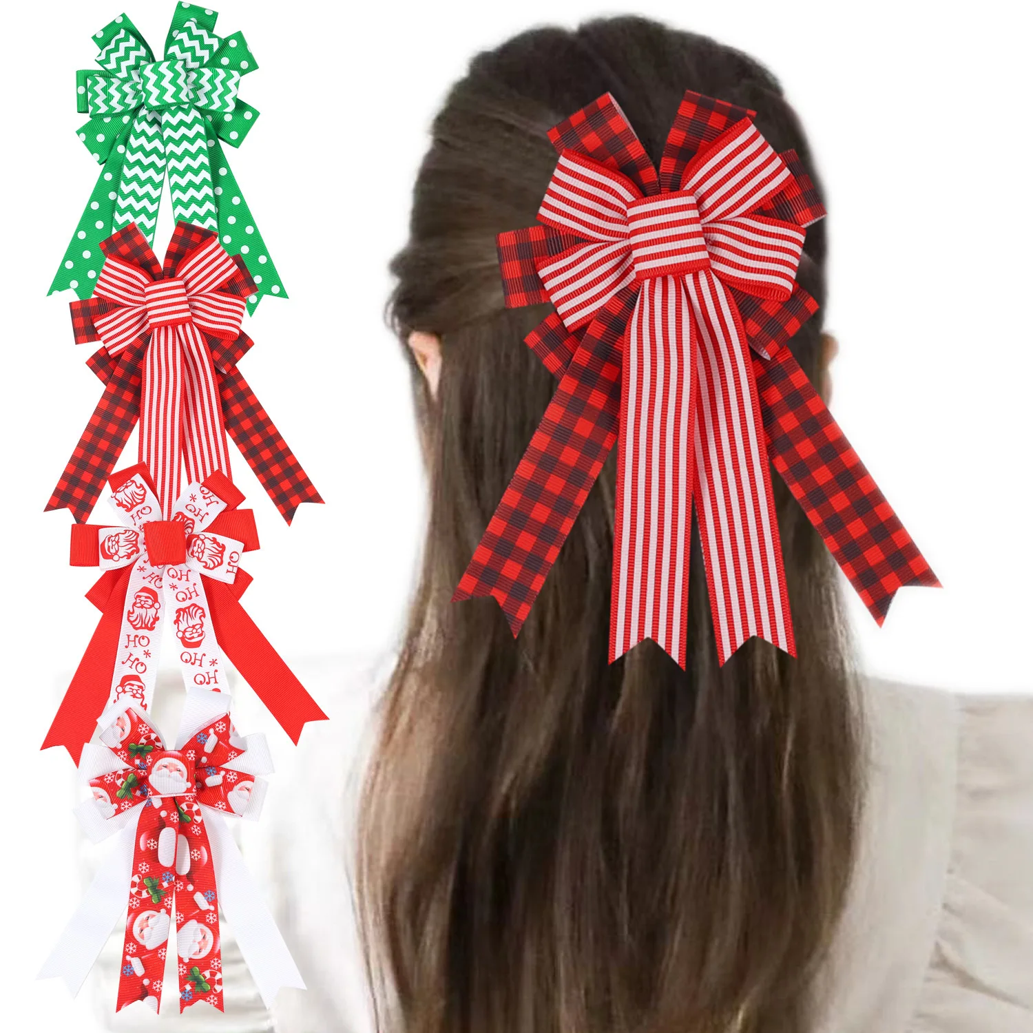 

24pc/lot 4.5" Christmas Santa Print Bow Hair Clips Baby Girl Long Tails Ribbon Bow Hairpins Barrette Kid Xmas Christmas Headwear