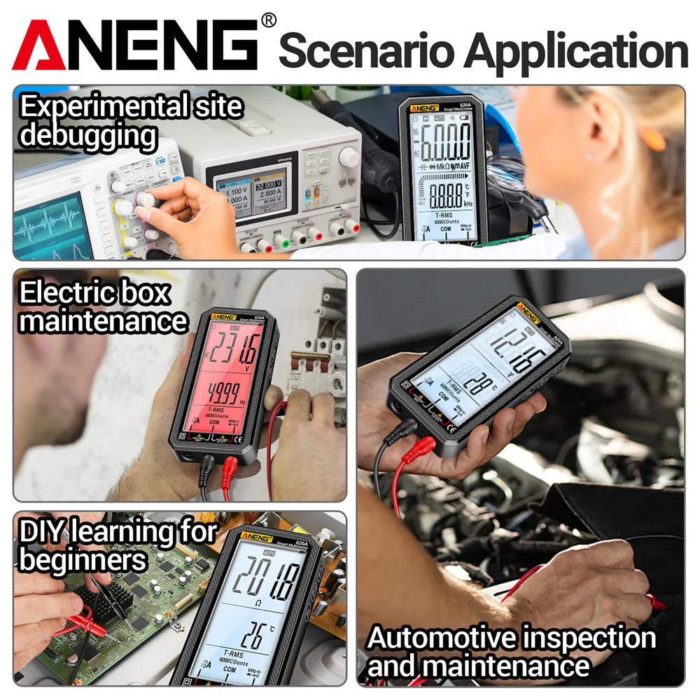 ANENG 디지털 스마트 멀티미터 트랜지스터 테스터, True RMS 자동 전기 커패시턴스 계량기, 온도 저항 t, 6000 카운트, 620A