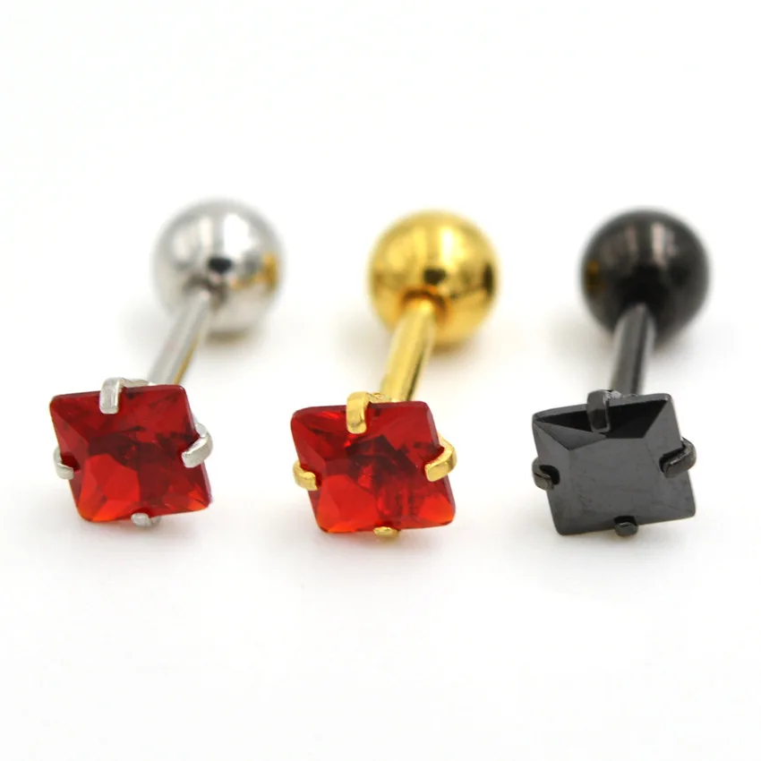 16G Stainless Steel With 3mm Square Colorful AAA Zircons Stud Earrings Brief Style IP Plating No Fade Allergy Free