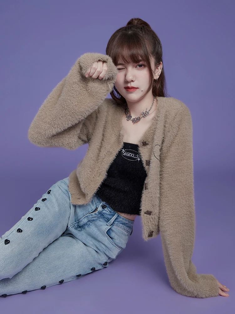 

Thiened ort Свитер Кардиган Тедди Медведь Коричневый Милый Sweet SagiDolls Вязаный V-образный вырез на пуговицах Све Длинный осенний топ