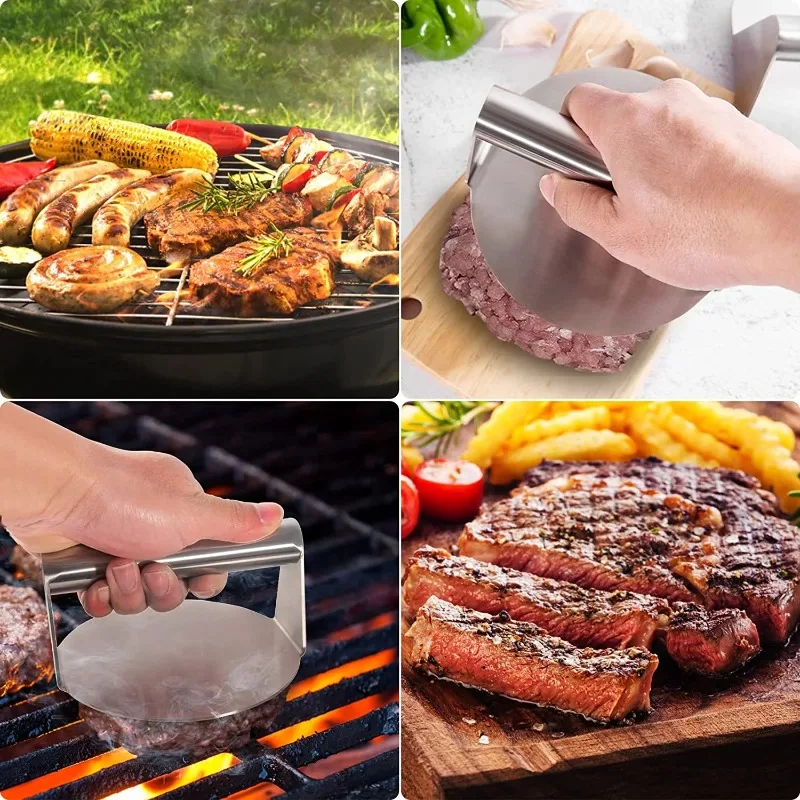 Stainless Steel Burger Press Meatloaf Crusher Round Grill Press for Evenly Cooking Perfect Burger Meatloaf Non-Stick Grill Tool