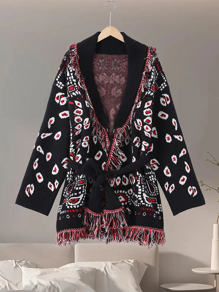 

Tassel Knitted Jacquard Lace Up Cardigans Women Loose V-neck Long Sleeve Thick Lady Sweater 2025 Autumn Winter Lady Knitwear